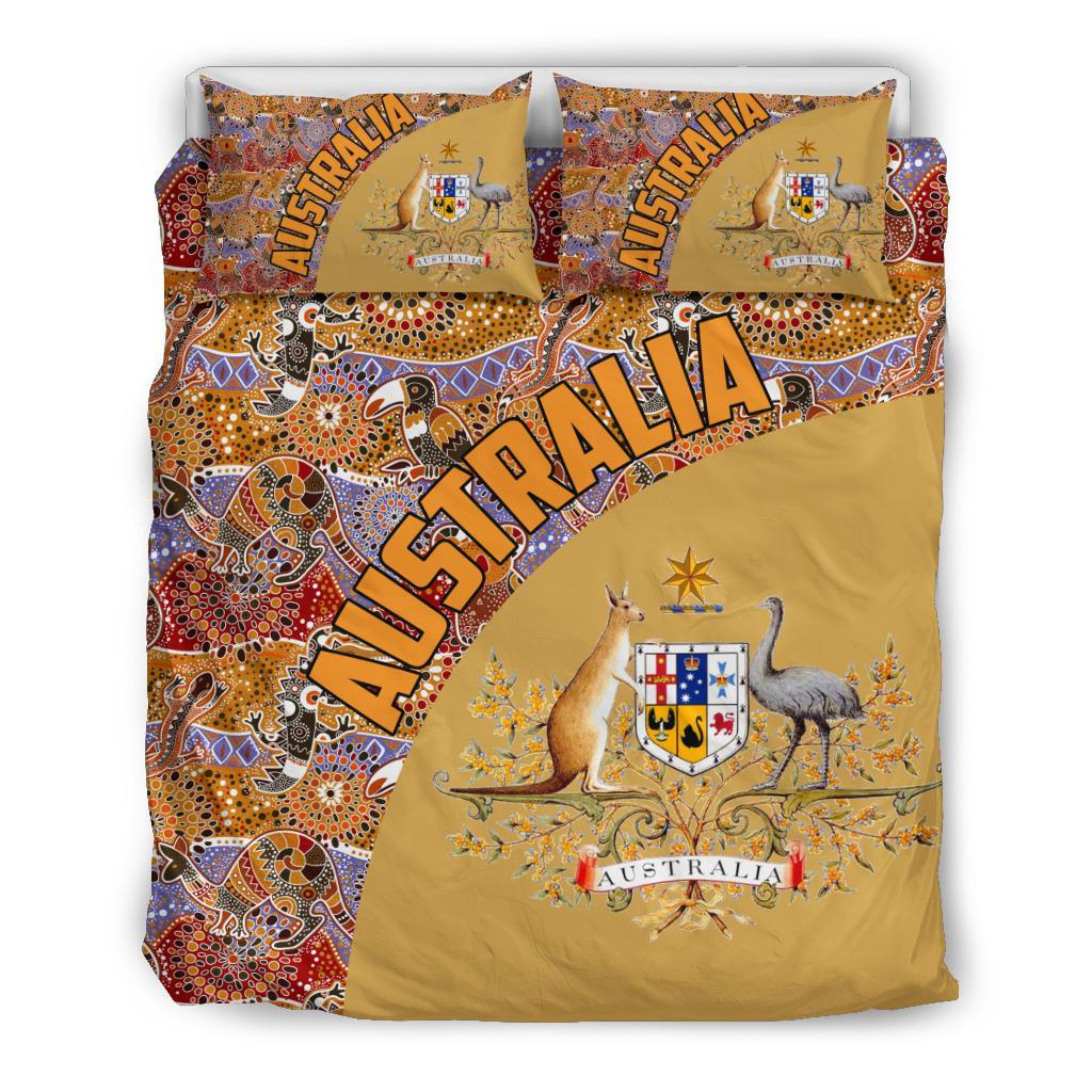 Aboriginal Bedding Sets, Australian Coat Of Arms Kangaroo Crocodile Kookaburra - Vibe Hoodie Shop