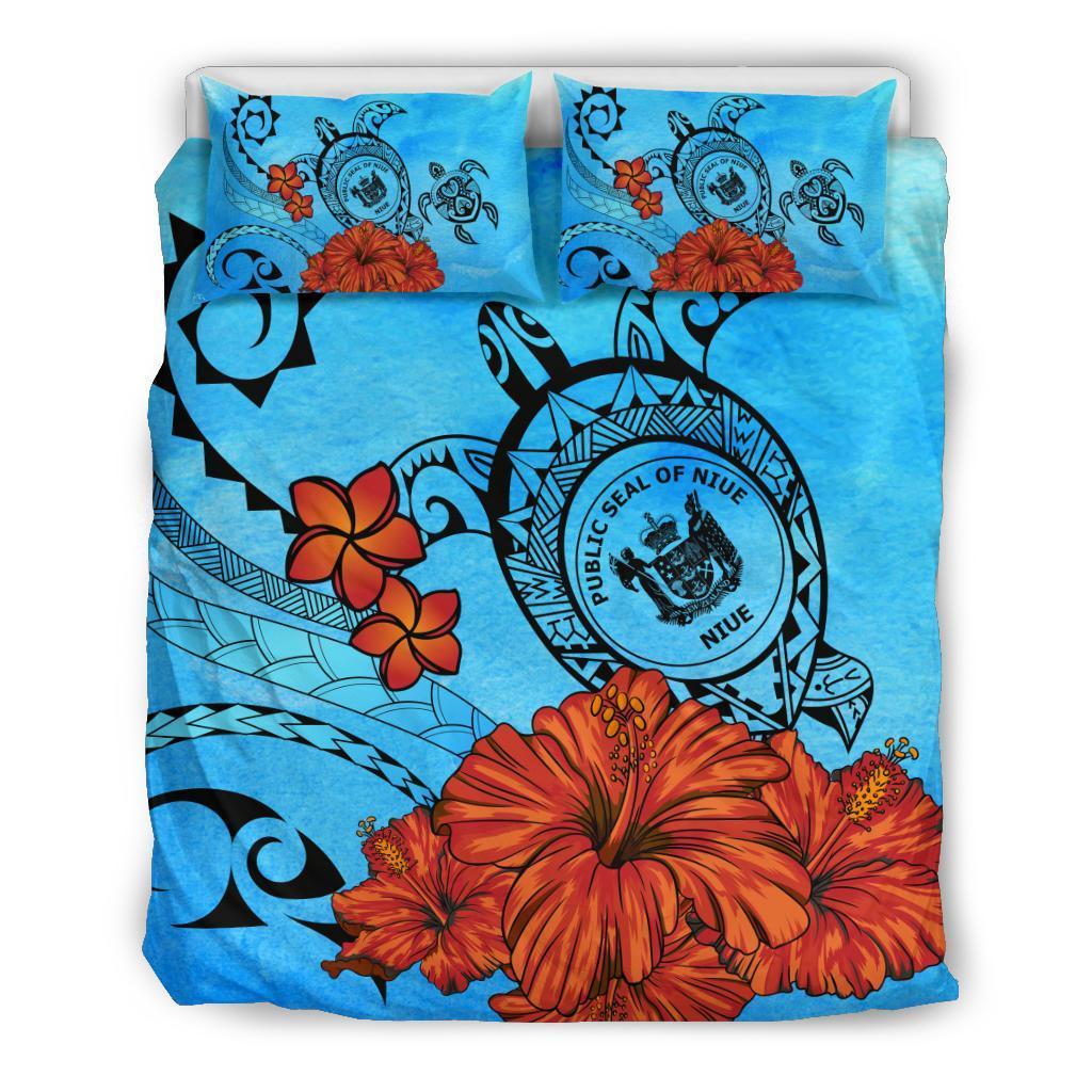Niue Coat Of Arms Poly Sea Background Bedding Set - Vibe Hoodie Shop