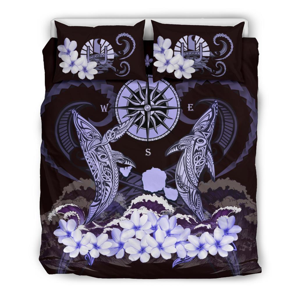 Tahiti Bedding Set - Shark Polynesia Compass Plumeria Purple - Vibe Hoodie Shop