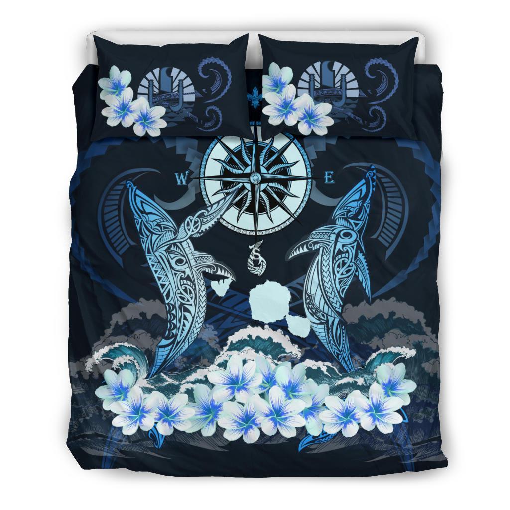 Tahiti Bedding Set - Shark Polynesia Compass Plumeria Blue - Vibe Hoodie Shop