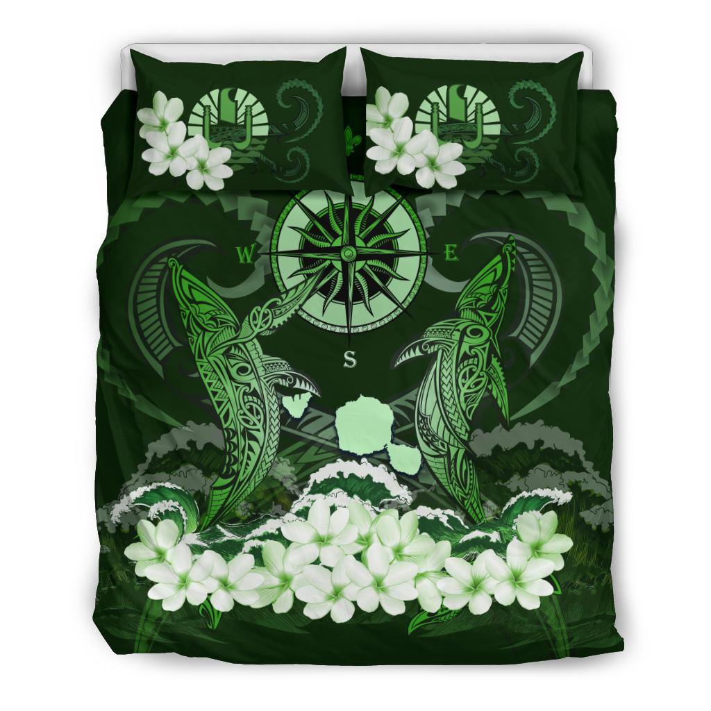 Tahiti Bedding Set - Shark Polynesia Compass Plumeria Green - Vibe Hoodie Shop