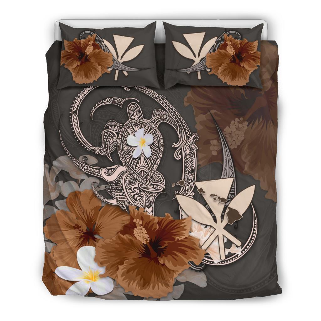 Kanaka Maoli (Hawaii) Bedding Set - Hibiscus Turtle Tribal Brown - Vibe Hoodie Shop