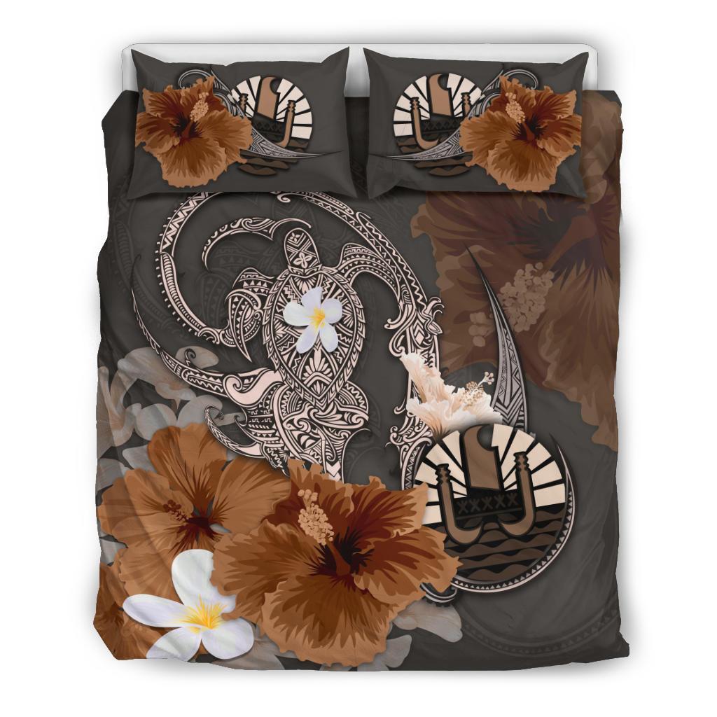 Tahiti Bedding Set - Hibiscus Turtle Tribal Brown - Vibe Hoodie Shop