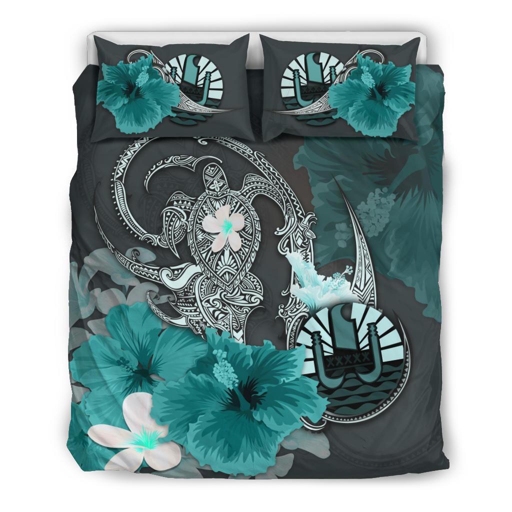 Tahiti Bedding Set - Hibiscus Turtle Tribal Turquoise - Vibe Hoodie Shop