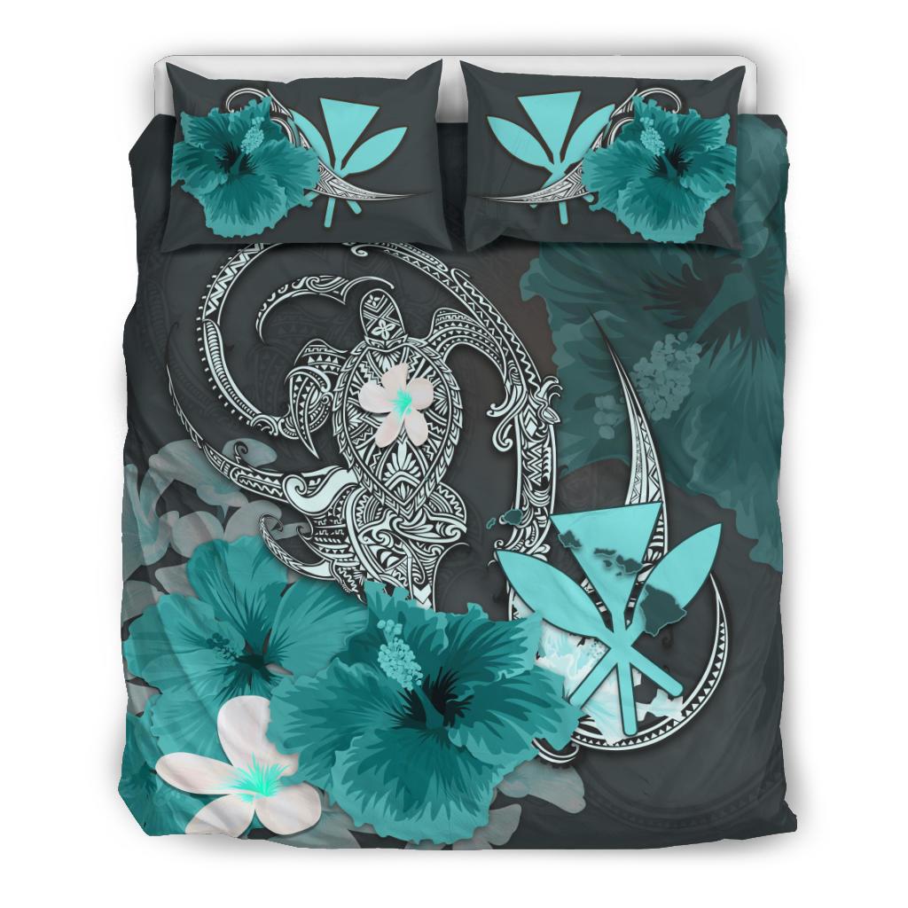 Kanaka Maoli (Hawaii) Bedding Set - Hibiscus Turtle Tribal Turquoise - Vibe Hoodie Shop