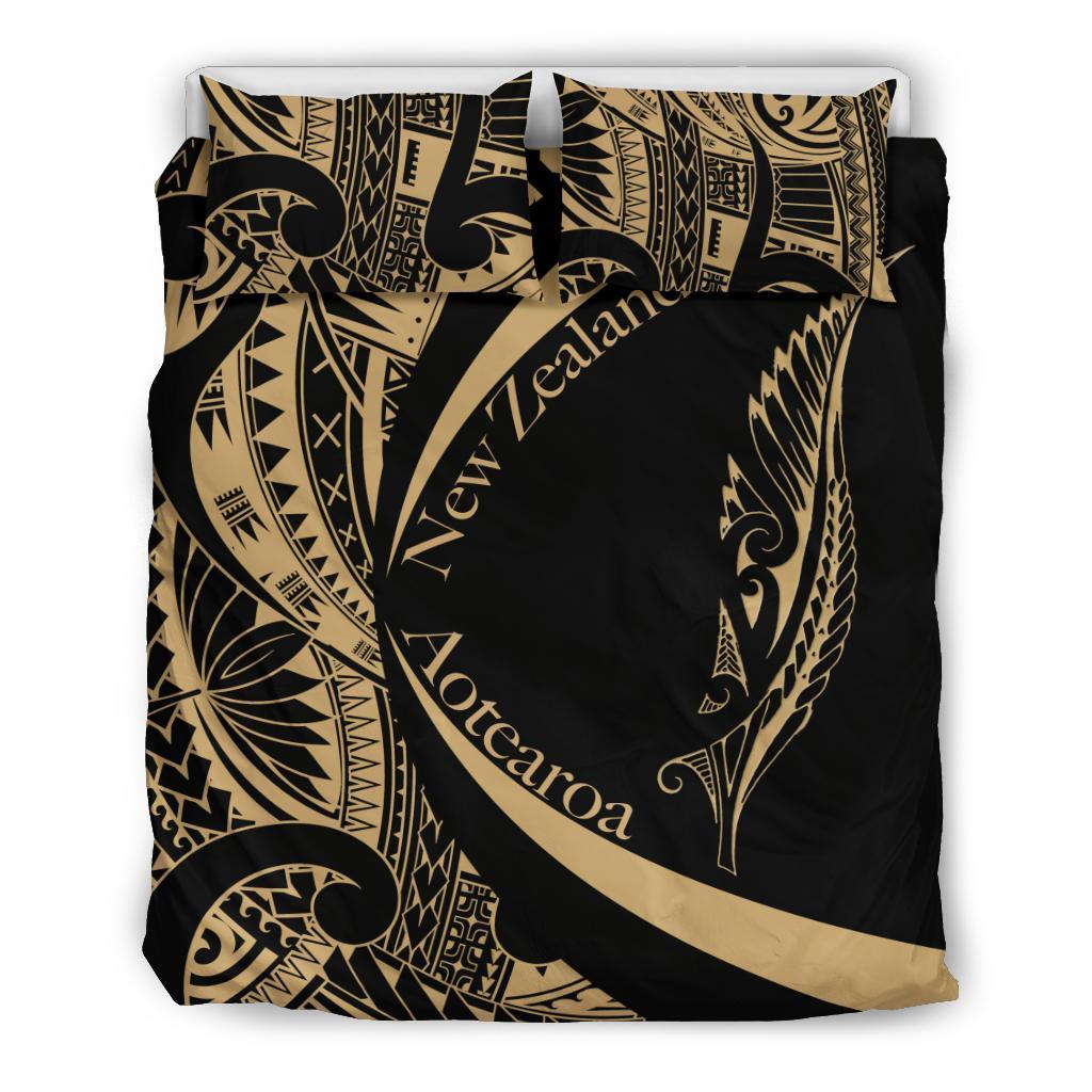 New Zealand Silver Fern Bedding Set Maori Tattoo Circle Style - Golden - Vibe Hoodie Shop