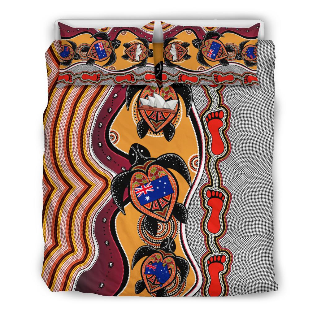 Aboriginal Bedding Set, Turtle Australia Flag Footprint Sydney Opera - Vibe Hoodie Shop