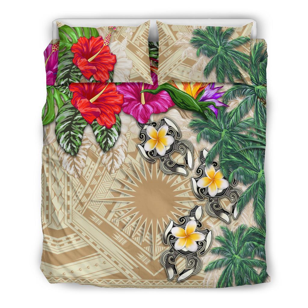 Marshall Islands Bedding Set - Hibiscus Turtle Tattoo Beige - Vibe Hoodie Shop