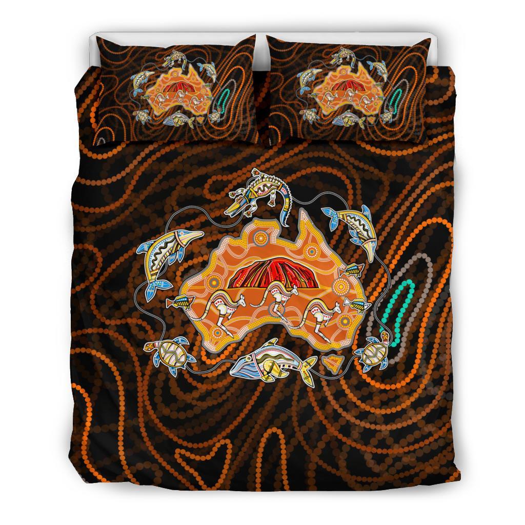 Aboriginal Bedding Set, Australia Map Kangaroo Crocodile Turtle Uluru - Vibe Hoodie Shop