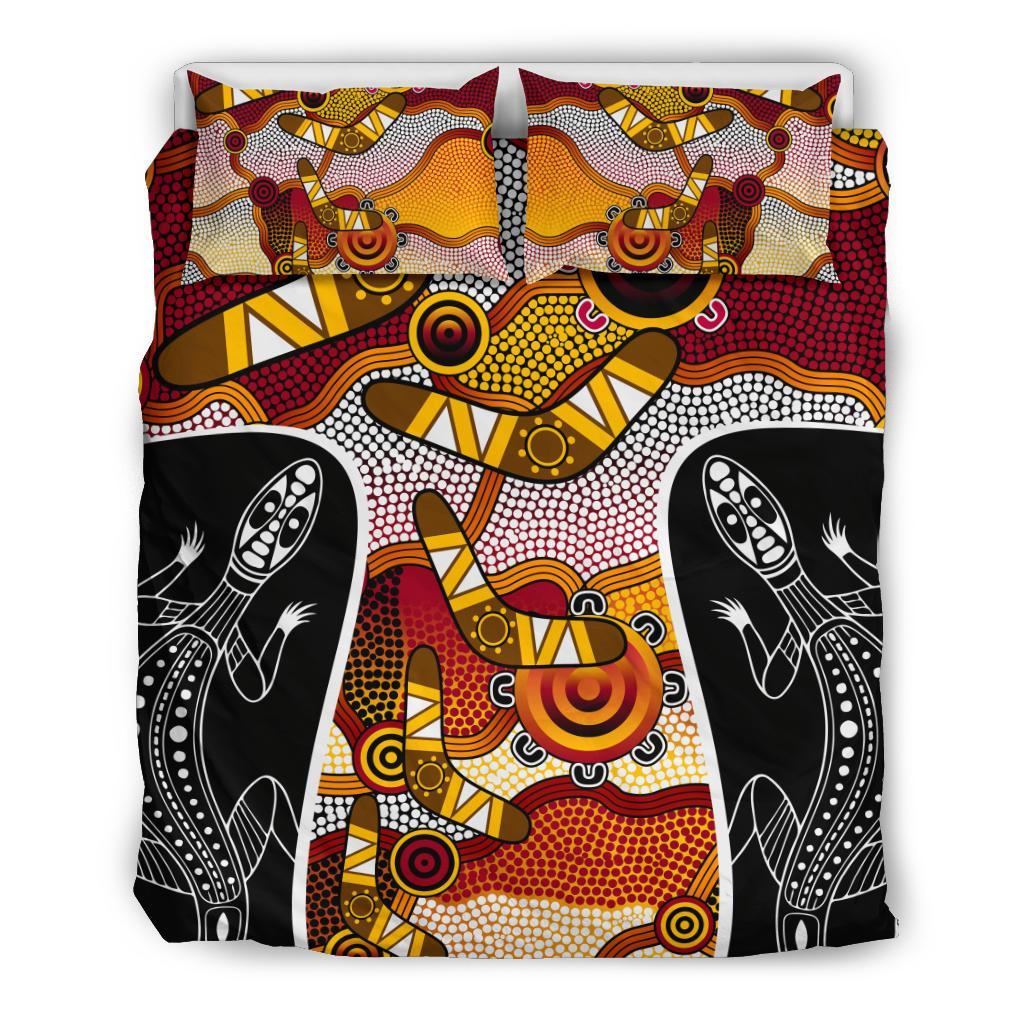 Aboriginal Bedding Set, Lizard Dot Painting Boomerang Patterns - Vibe Hoodie Shop