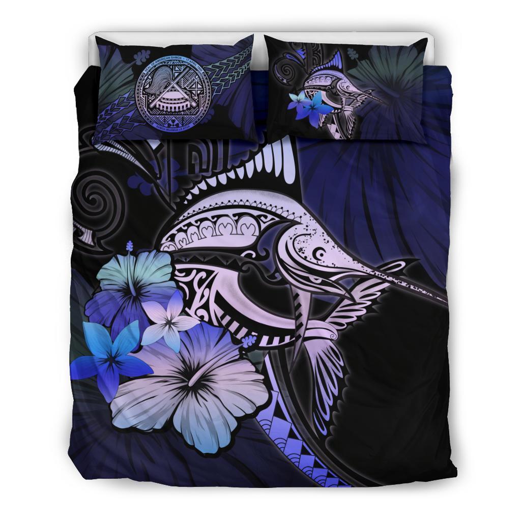 American Samoa Bedding Set - Purple Blue Marlin and Hibiscus - Vibe Hoodie Shop