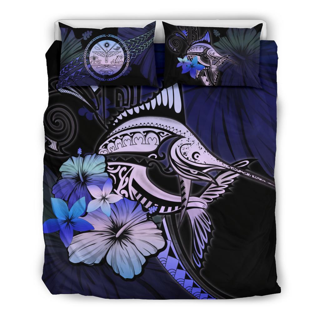 Marshall Islands Bedding Set - Purple Blue Marlin and Hibiscus - Vibe Hoodie Shop