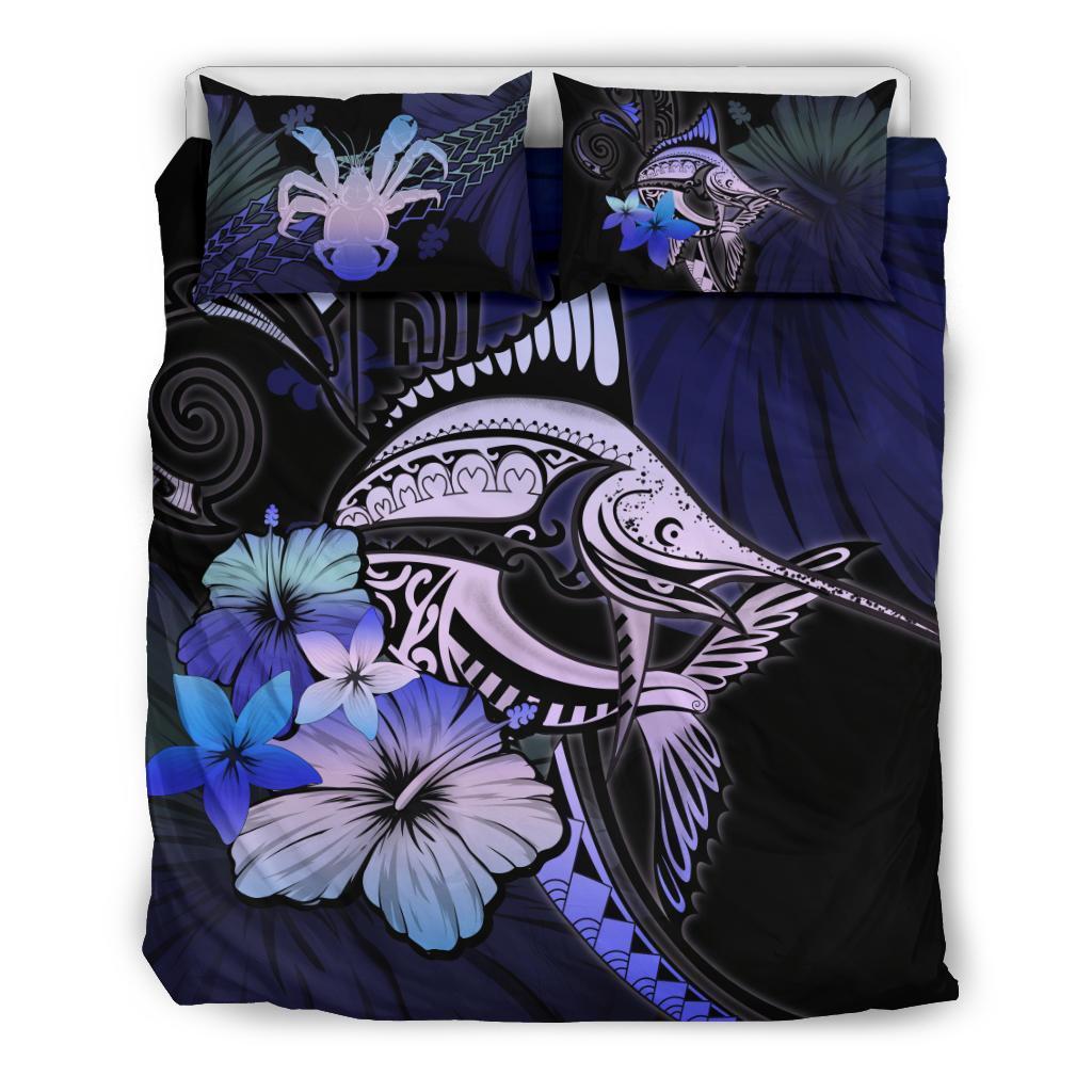 Niue Bedding Set - Purple Blue Marlin And Hibiscus - Vibe Hoodie Shop