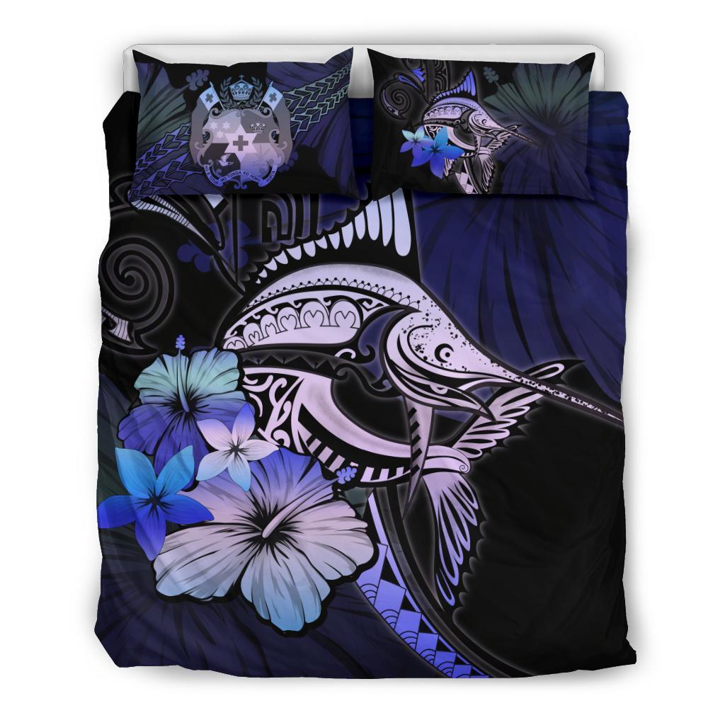 Tongan Bedding Set - Purple Blue Marlin And Hibiscus - Vibe Hoodie Shop