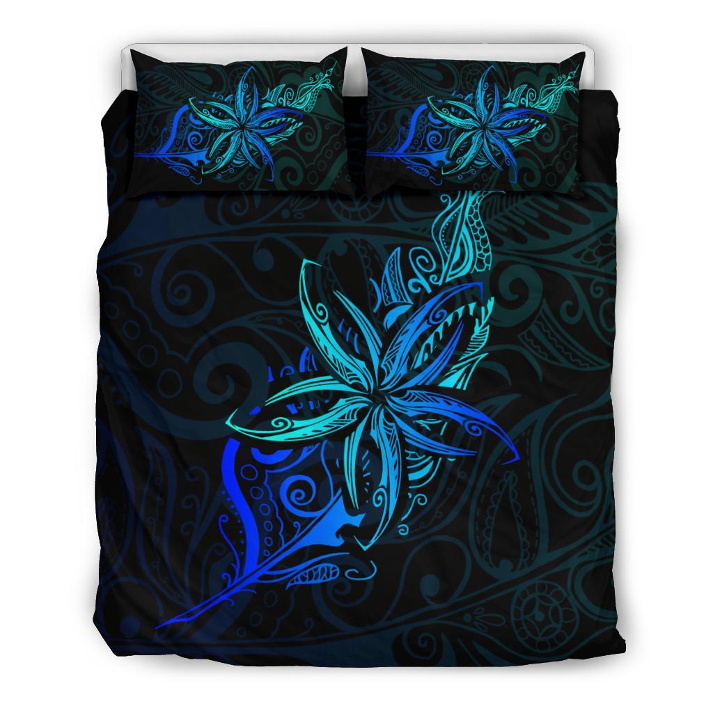 Light Silver Fern New Zealand Bedding Set, Frangipani Tattoo Duvet Covers - Blue - Vibe Hoodie Shop