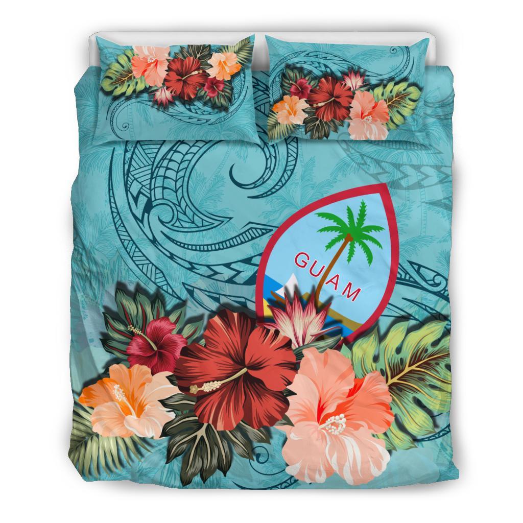 Guam Bedding Set Guam Hibiscus Polynesian Wave Coat Of Arms Duvet Cover Blue - Vibe Hoodie Shop