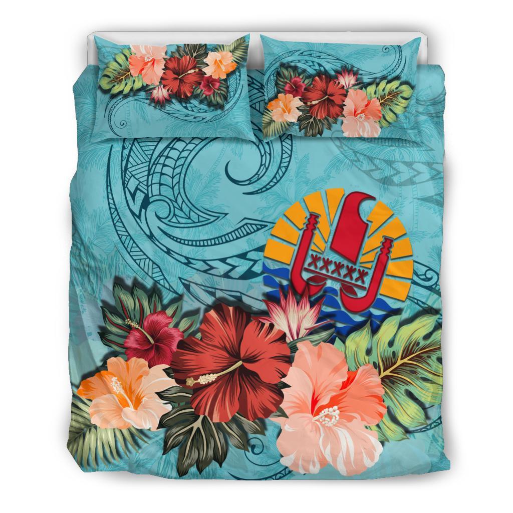 Tahiti Bedding Set Tahitian Hibiscus Polynesian Wave Coat Of Arms Duvet Cover Blue - Vibe Hoodie Shop