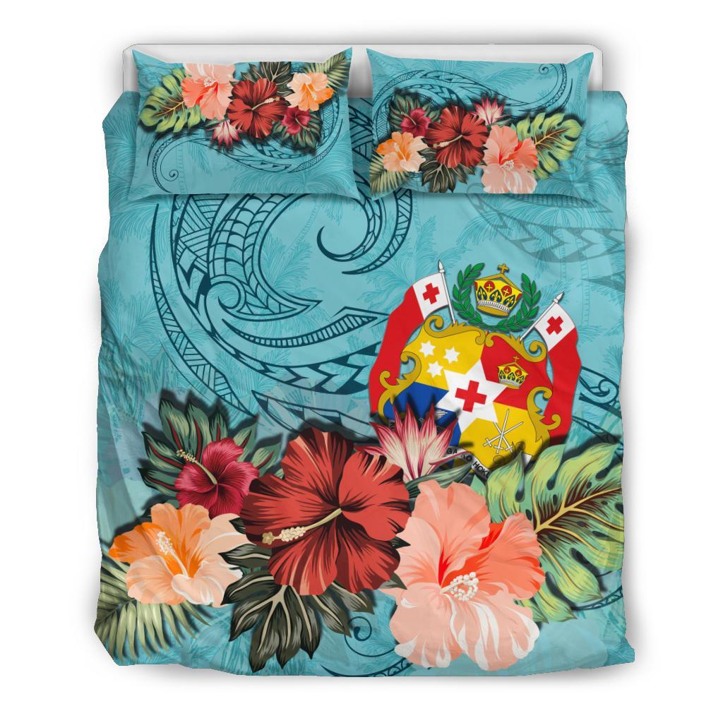 Tonga Bedding Set Tonga Hibiscus Polynesian Wave Coat Of Arms Duvet Cover Blue - Vibe Hoodie Shop