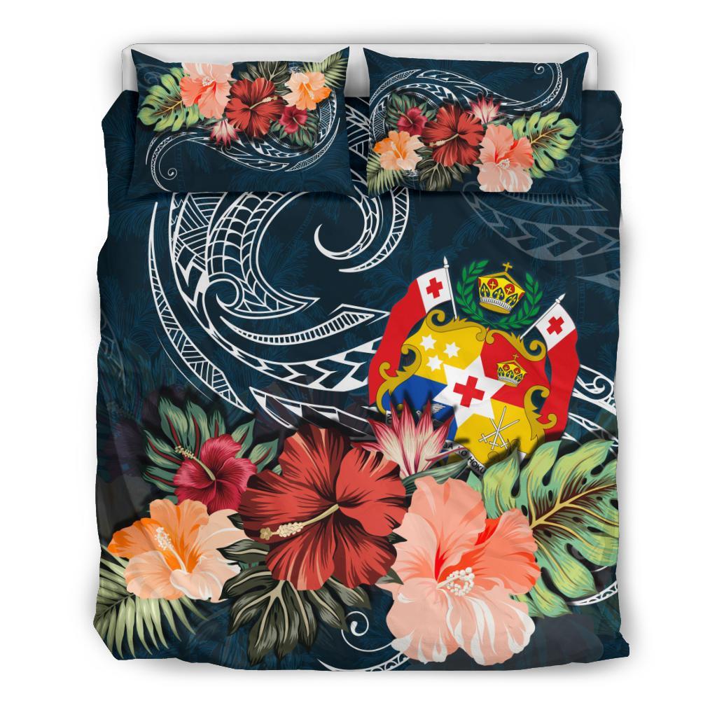 Tonga Bedding Set Tonga Hibiscus Polynesian Wave Coat Of Arms Duvet Cover - Vibe Hoodie Shop