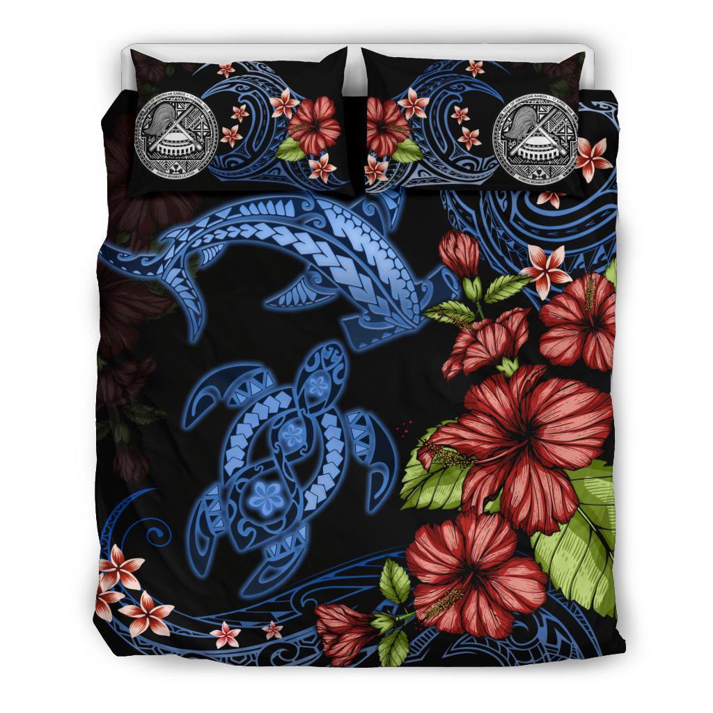 American Samoa Bedding Set Turtle And Shark Polynesian Hibiscus - Vibe Hoodie Shop