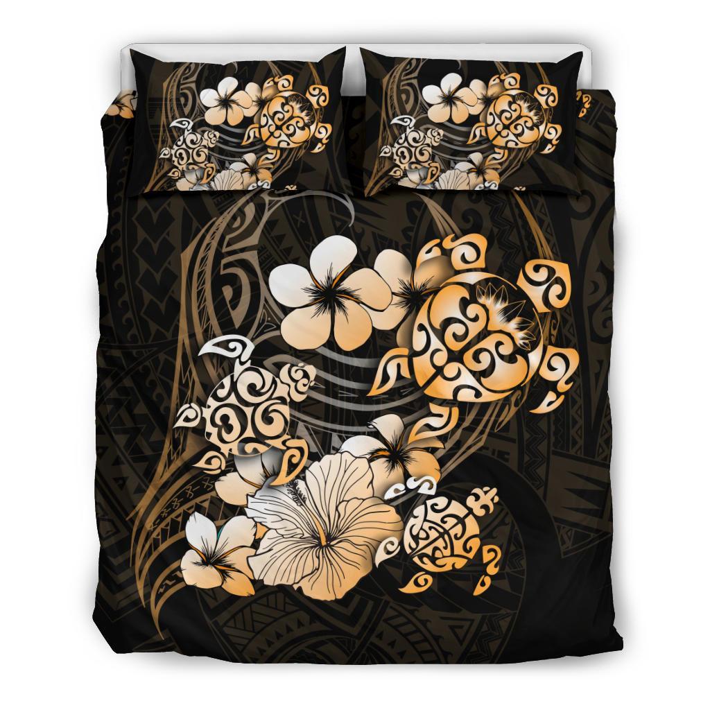 Golden Turtle Hibiscus Mix Plumeria Polynesian Bedding Set - Vibe Hoodie Shop