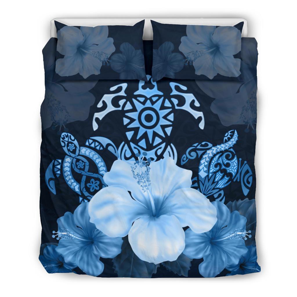 Turtle And Hibiscus Bedding Set - Blue Turtle Tribal - Vibe Hoodie Shop