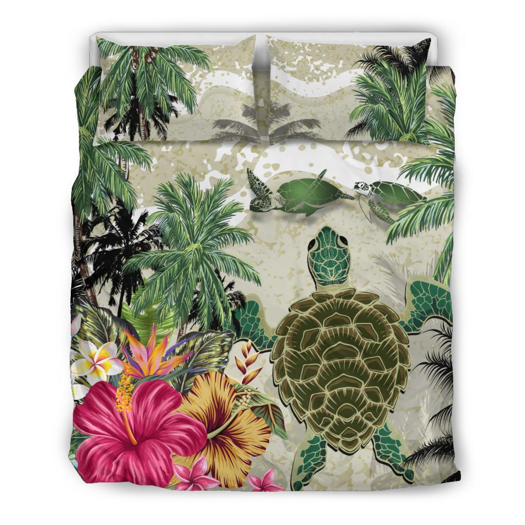 Turtle And Coconut Tree Bedding Set Hibiscus And Turtle On The Beach - Vibe Hoodie Shop