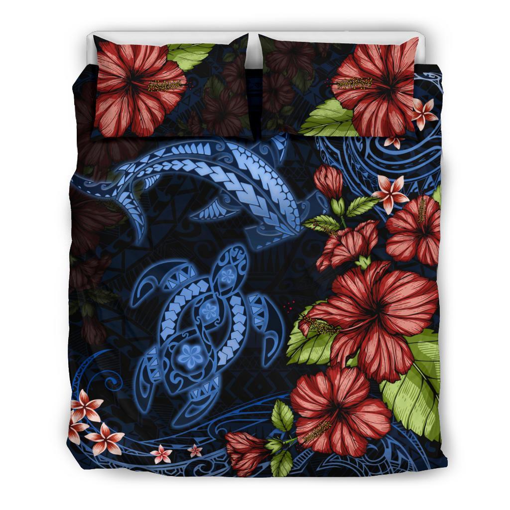 Turtle And Shark Bedding Set Hibiscus Polynesian - Vibe Hoodie Shop