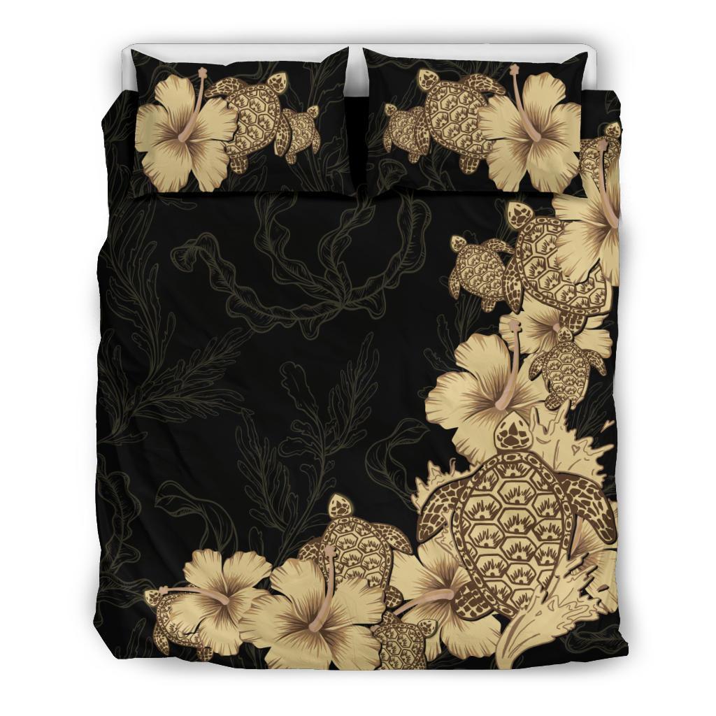 Hibiscus Plumeria Golden Turtle Bedding Set - Vibe Hoodie Shop