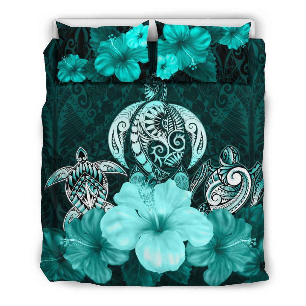 Three Turtle Polynesian Bedding Set Hibiscus Turquoise - Vibe Hoodie Shop