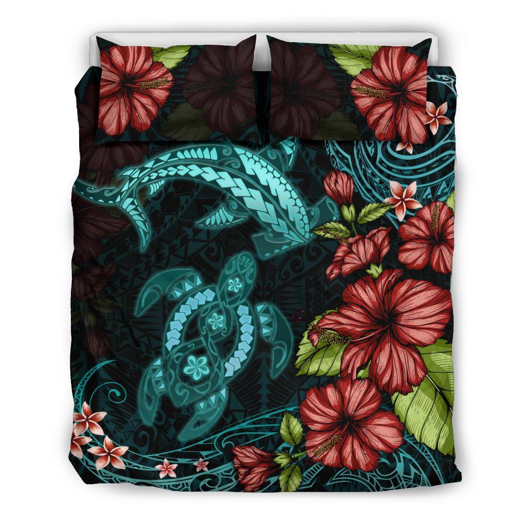 Shark And Turtle Bedding Set Hibiscus Turquoise - Vibe Hoodie Shop