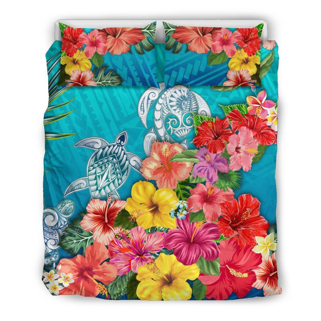 Three Turtle Polynesian Bedding Set Hibiscus Colorful - Vibe Hoodie Shop