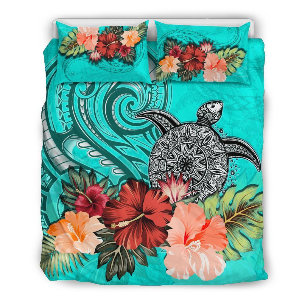 Turtle Polynesian Bedding Set Hibiscus Polynesian Turquoise - Vibe Hoodie Shop