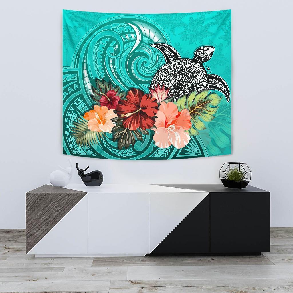 Turtle Polynesian Tapestry Hibiscus Polynesian Turquoise - Vibe Hoodie Shop