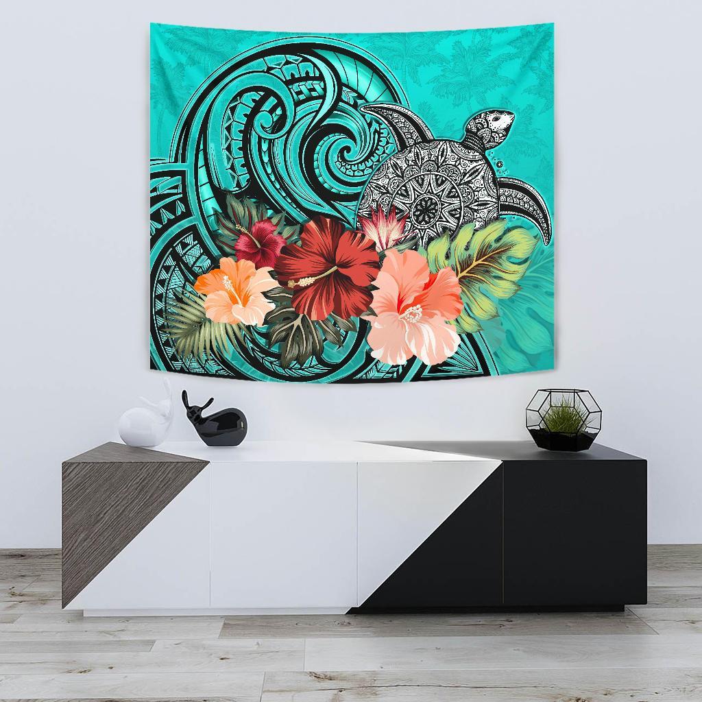 Turtle Tapestry Hibiscus Polynesian Turquoise - Vibe Hoodie Shop