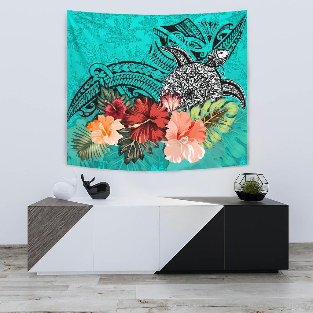 Turtle Polynesian Tapestry Hibiscus Polynesian Turquoise - Vibe Hoodie Shop