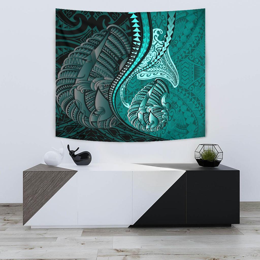 Fish Hook Polynesian Tapestry Manta Polynesian Turquoise - Vibe Hoodie Shop