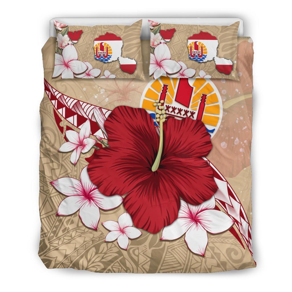 Tahiti Bedding Set - Beige Poly Hibiscus And Maps - Vibe Hoodie Shop