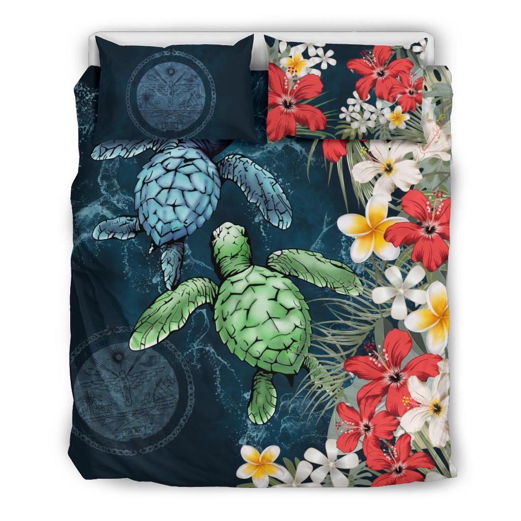 Marshall Islands Bedding Set - Sea Turtle Tropical Hibiscus And Plumeria - Vibe Hoodie Shop