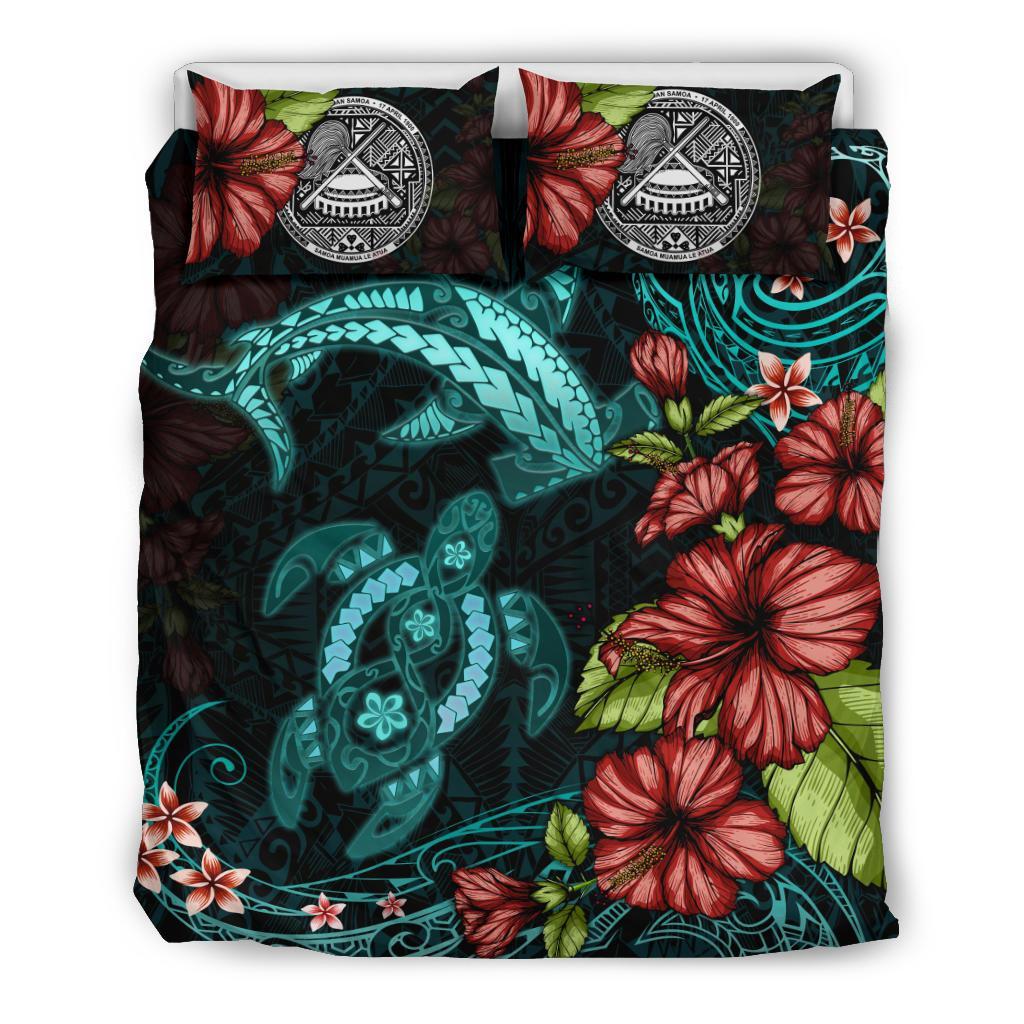 American Samoa Bedding Set Shark and Turtle Turquoise Hibiscus - Vibe Hoodie Shop