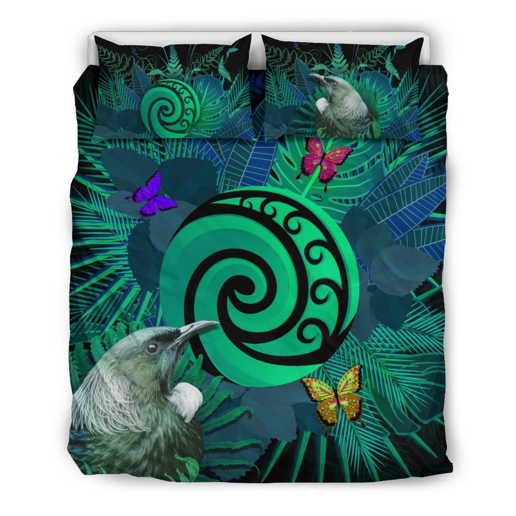 New Zealand Bedding Set Koru Fern Mix Tui Bird - Tropical Floral Turquoise - Vibe Hoodie Shop