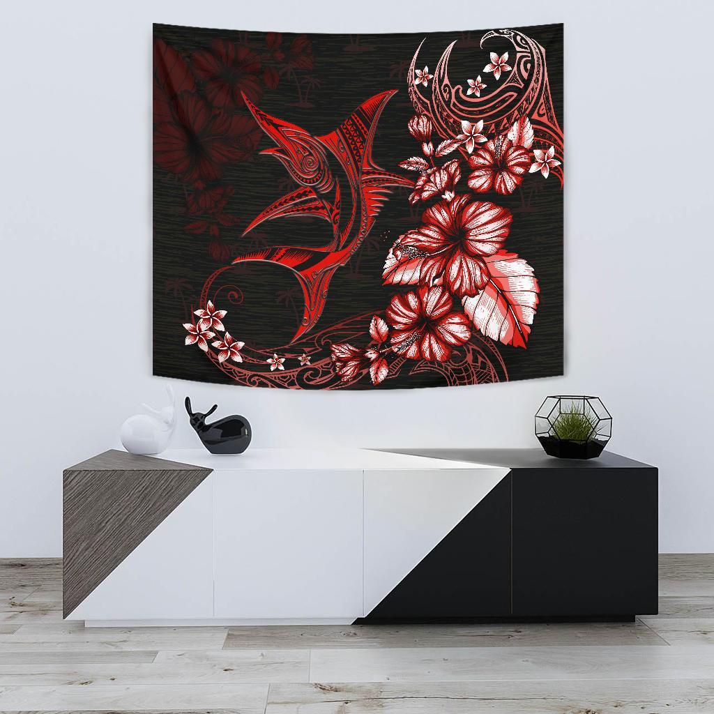 Marlin Polynesian Tapestry Hibiscus Polynesian Red - Vibe Hoodie Shop