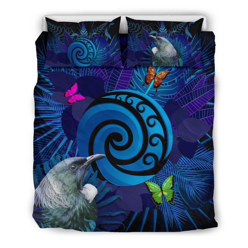 New Zealand Bedding Set Koru Fern Mix Tui Bird - Tropical Floral Blue - Vibe Hoodie Shop