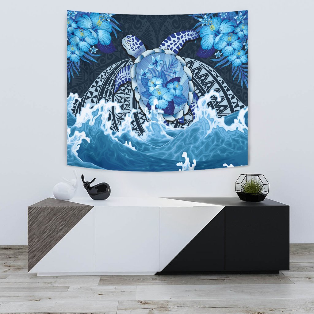 Polynesian Turtle Hibiscus The Blue Sea Tapestry - Vibe Hoodie Shop