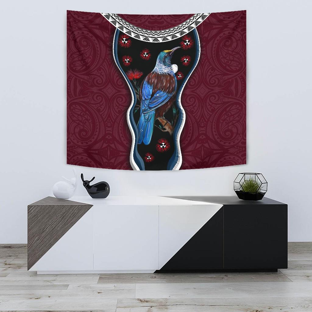 New Zealand Tui Bird Tapestry, Pohutukawa - Burgundy - Vibe Hoodie Shop