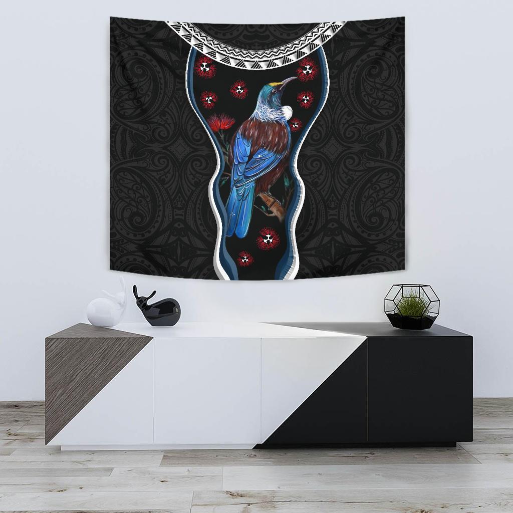 New Zealand Tui Bird Tapestry, Pohutukawa - Black - Vibe Hoodie Shop