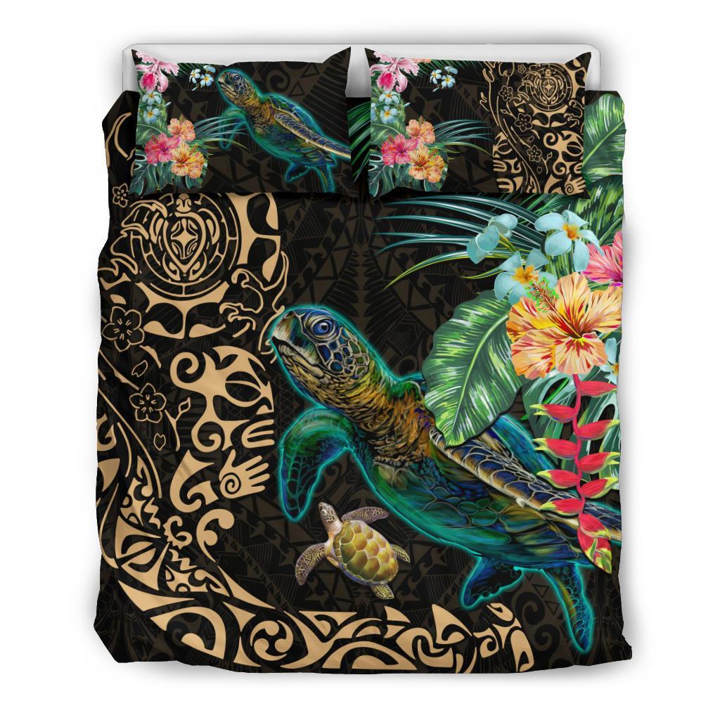 Tiki Polynesian Bedding Set Turtle Hibiscus - Gold - Vibe Hoodie Shop