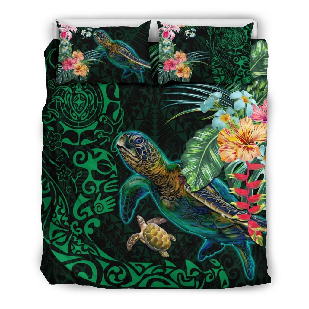 Tiki Polynesian Bedding Set Turtle Hibiscus - Green - Vibe Hoodie Shop