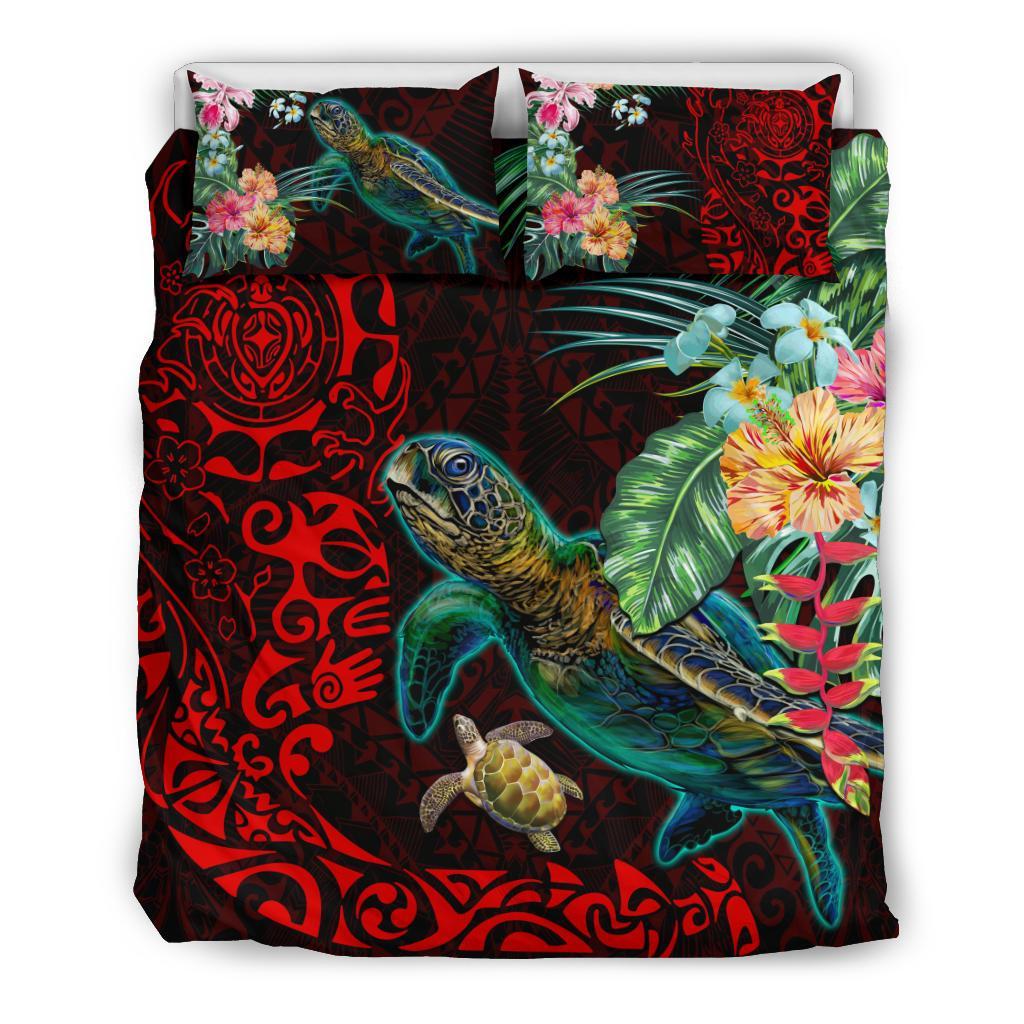 Tiki Polynesian Bedding Set Turtle Hibiscus - Red - Vibe Hoodie Shop