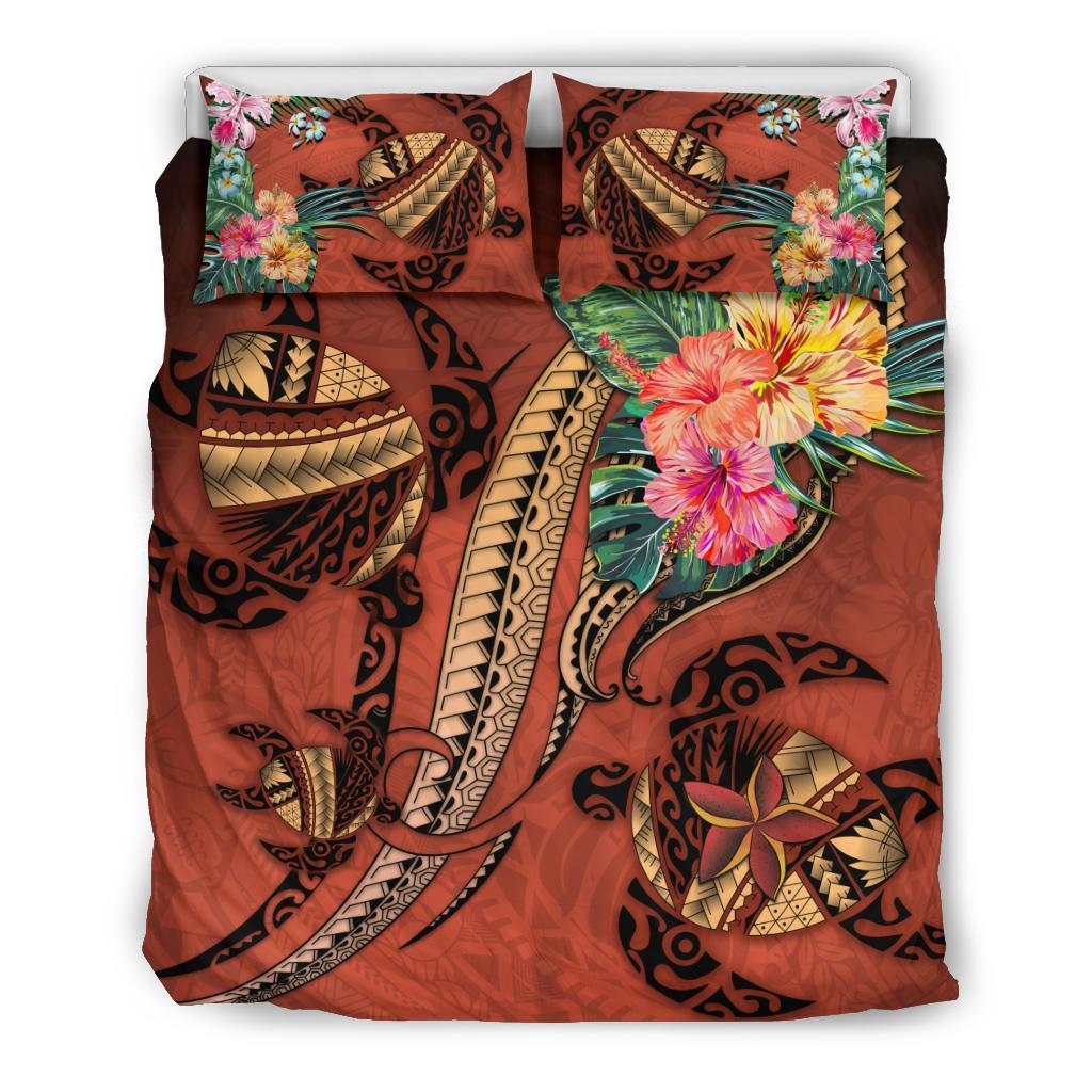 Polynesian Turtle Bedding Set - Tribal Tattoo With Hibiscus Coral - Vibe Hoodie Shop